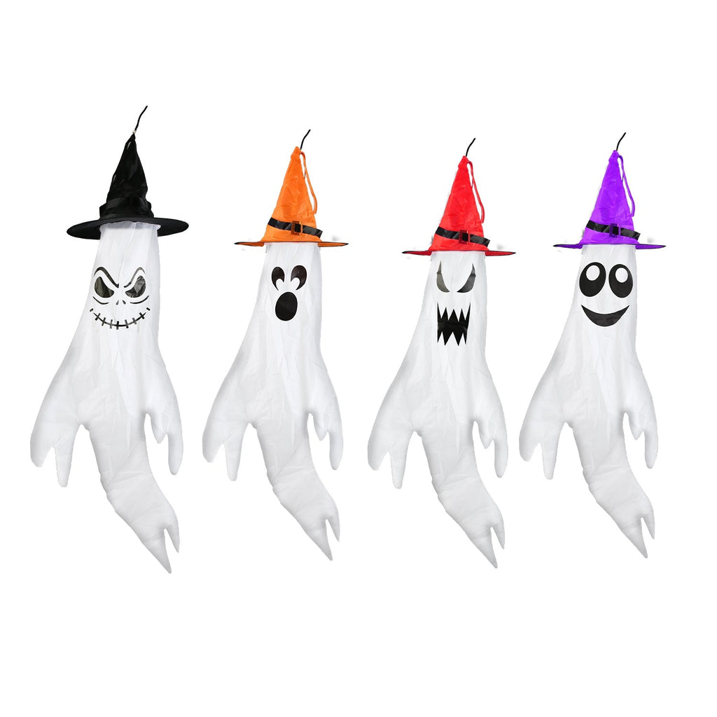 4Pcs Halloween Ghosts With Witch Hats Windsocks Hanging Decoration With Colorful LED Light Outdoor Flag Wind Socks Halloween Party Decoration For Yard