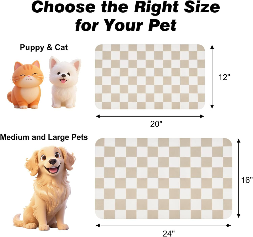 Checkered Dog Food Mat, Absorbent Leak-Proof Pet Feeding Mat, Quick Dry Cat Food Mat for Messy Drinkers 12" x 20" Khaki