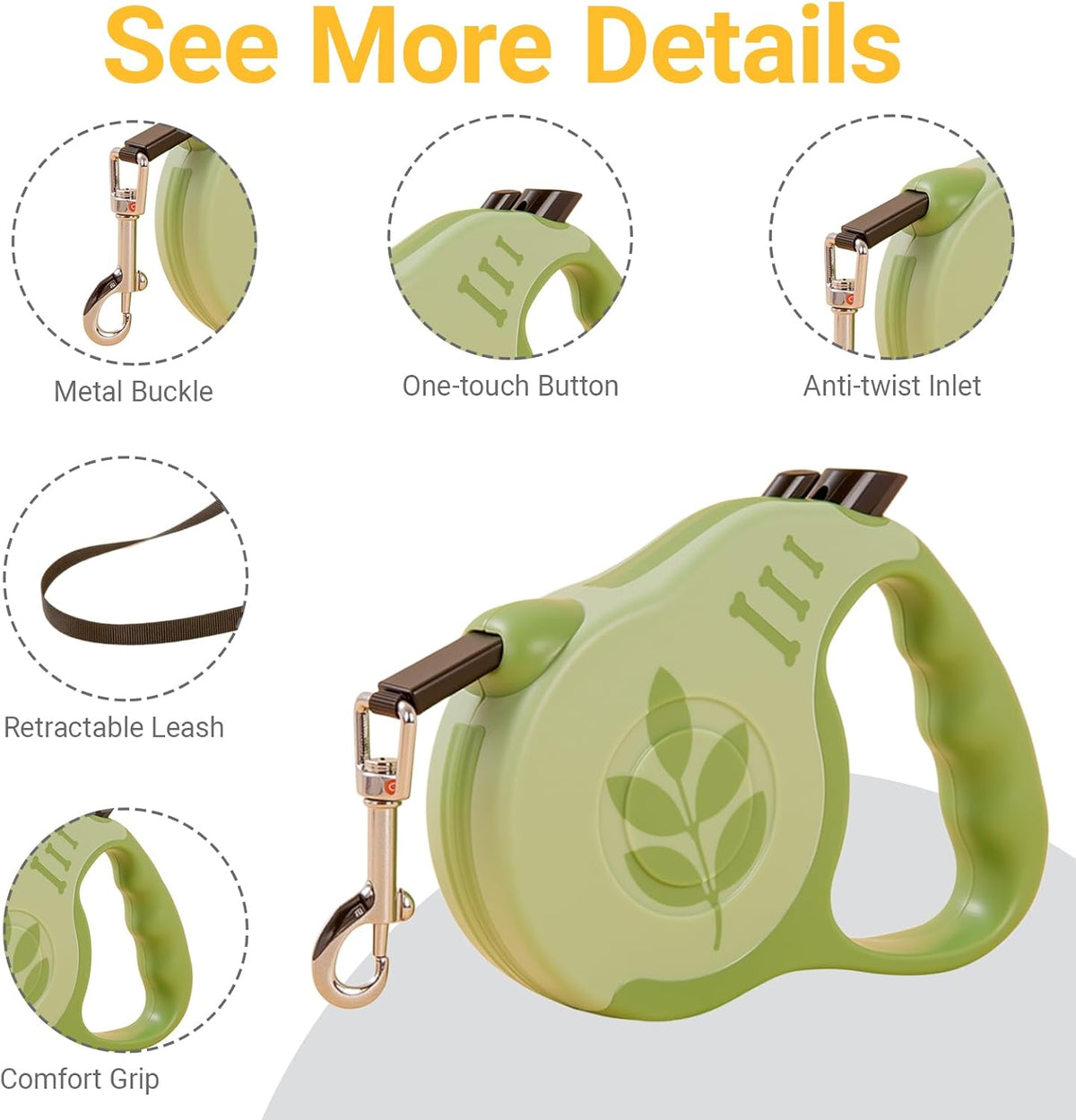 Retractable Dog Leash with Non-Slip Handle, 10 FT Automatic Telescopic Tractor with Atuo Locking Botton，Durable Pet Tape for Small and Medium-Sized Dogs Green