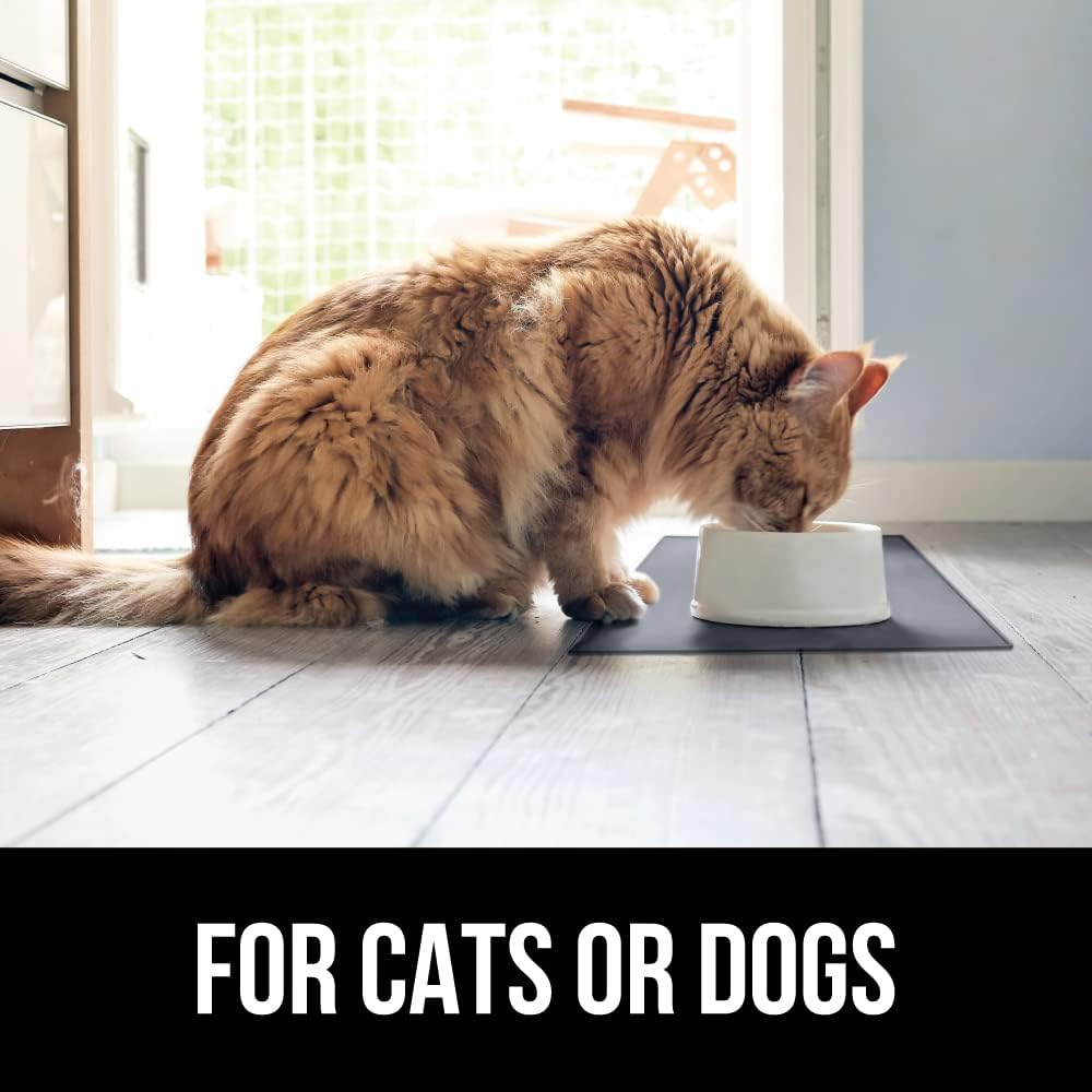 GORILLA GRIP 100% Waterproof Raised Edge BPA Free Silicone Pet Feeding Mat, Dog Cat Food Mats Contain Spills Protects Floors, Placemats for Cats and Dogs Water Bowl, Pets Accessories 16x10, Gray