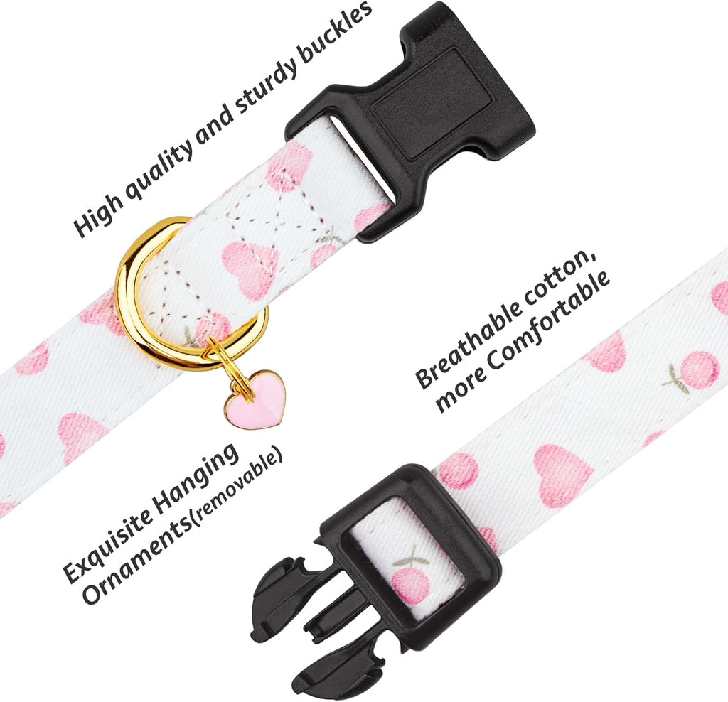 Cotton Handmade Dog Collar Cute and Distinctive Patterns White and Pink Love Heart with Pendant for Girl Boy Dogs Collars S