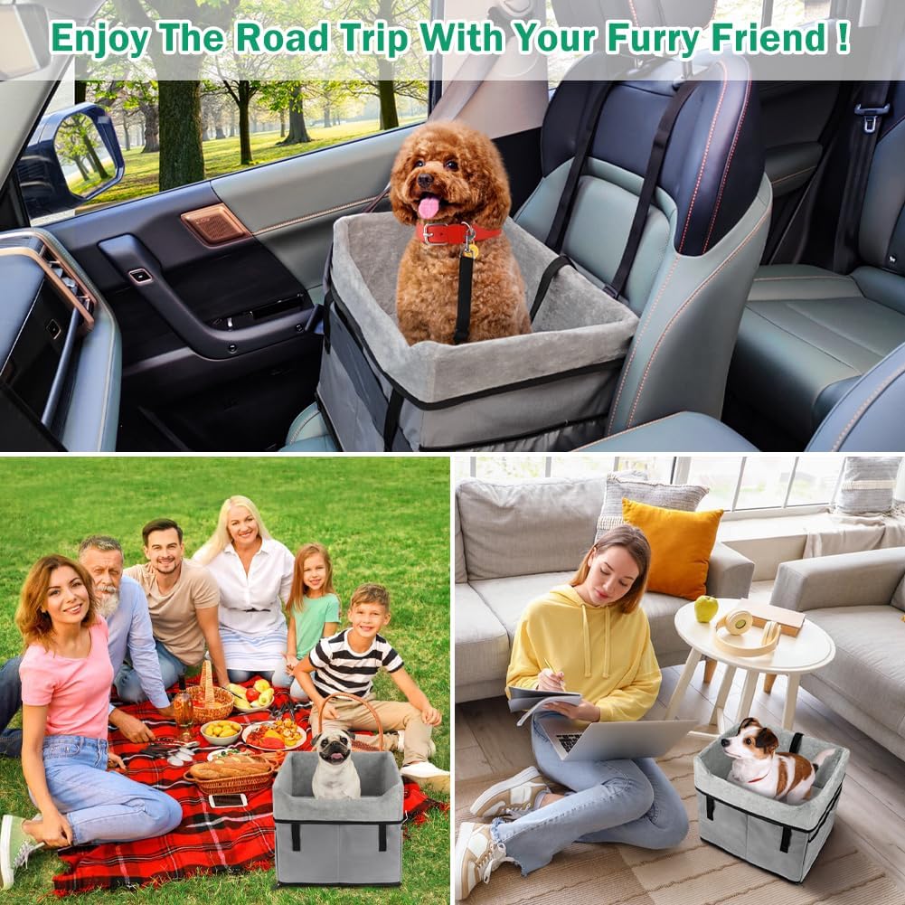 Vivifying Dog Car Seats for Small Dogs, Portable Dog Booster Car Seat with Storage Pockets and Safety Belt, Comfortable Travel Bed for Small Pets Up to 25lbs (Gray)