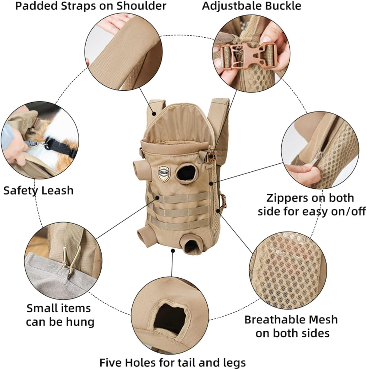 FLAdorepet Dog Carrier Tactical Backpack for Medium Large Dogs,Soft Hands-Free Legs Out Pet Front Cat Dog Carrier Backpack Travel Bag for Outdoor Traveling Hiking Camping (Medium, Khaki)