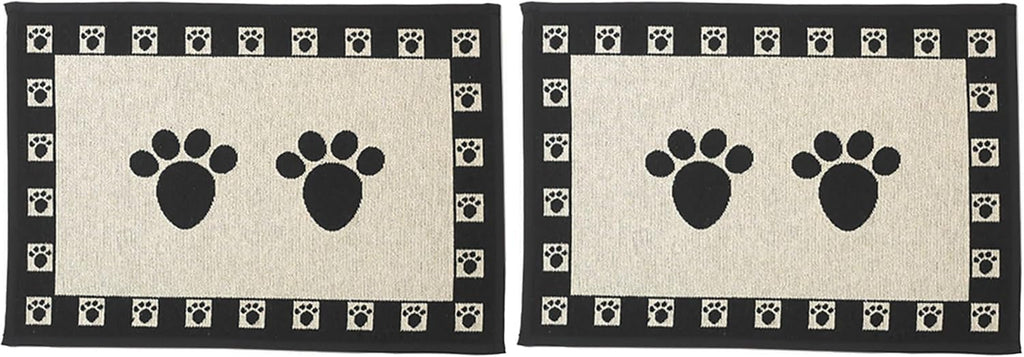 PetRageous 12049 Paws Jumbo Tapestry Dog and Cat Non-Skid Machine Washable Placemat for Pet Feeding Areas with Rubber Backing 18-Inch by 28-Inch for Dogs and Cats, Black and Natural (Pack of 2)