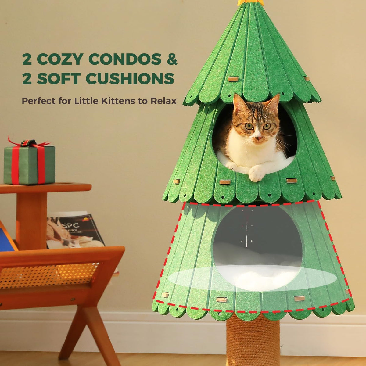 42.9 Inch Christmas Cat Tree for Indoor Cats, Cute Cat Tower with 2 Cozy Houses, Holiday Kitty Climbing Furniture for Kittens to Play and Sleep