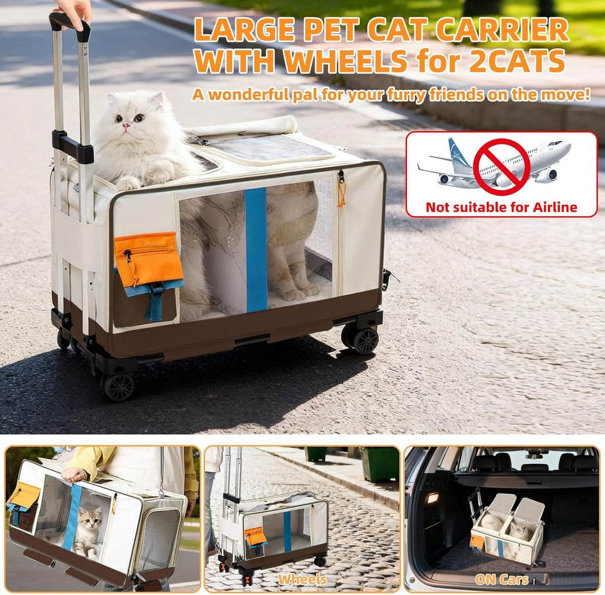 Large Cat Carrier with Wheels for 2 Cat, Double Rolling Pets Carrier on Wheel, Folding Soft-Sided Carriers with Telescopic Handle, Shoulder Strap Removable Soft-Sided Bag for Car, Vet, Outing