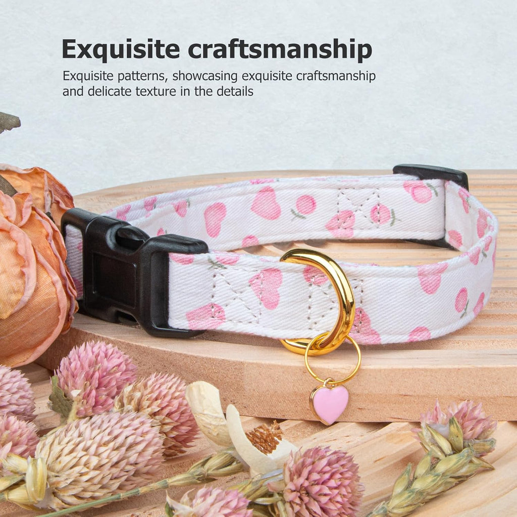 Cotton Handmade Dog Collar Cute and Distinctive Patterns White and Pink Love Heart with Pendant for Girl Boy Dogs Collars S