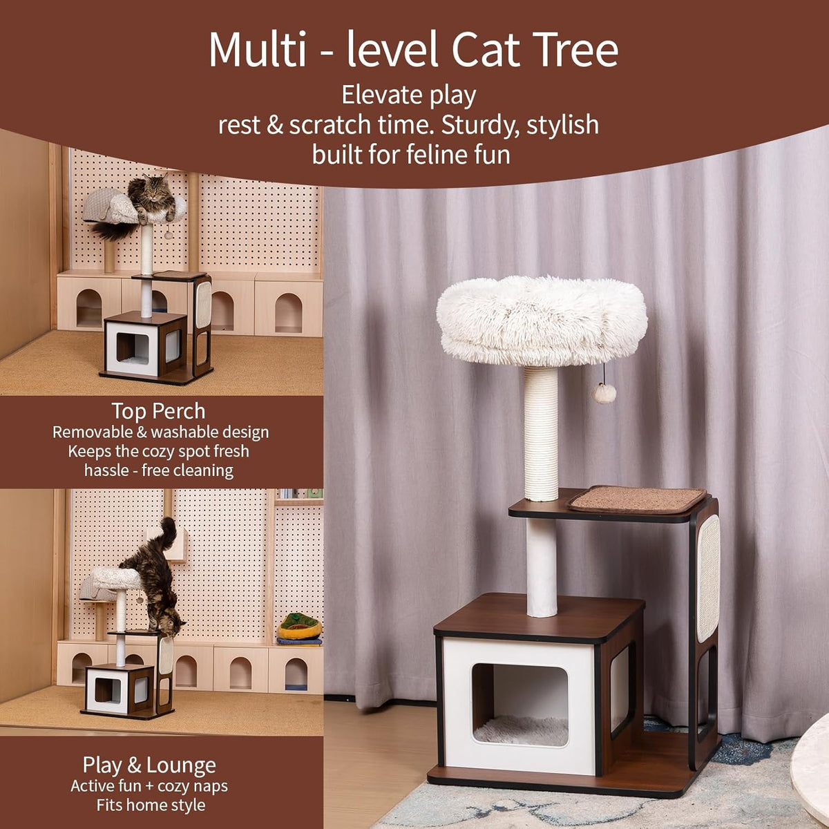 Cat Tree Tower for Small Cats, 41 Inch Wooden Multi-Level Cat Condo with Sisal Scratching Posts - Stable Activity Center, Plush Perch & Hanging Ball Toy