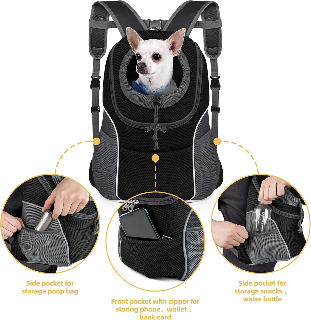WOYYHO Pet Dog Carrier Backpack Small Dog Front Backpack Ventilated Dog Carrier Back Pack with Storage Pockets, Adjustable Straps & Safety Belt for Travel Hiking Outdoor (Size M: 5-9 lbs, Black)