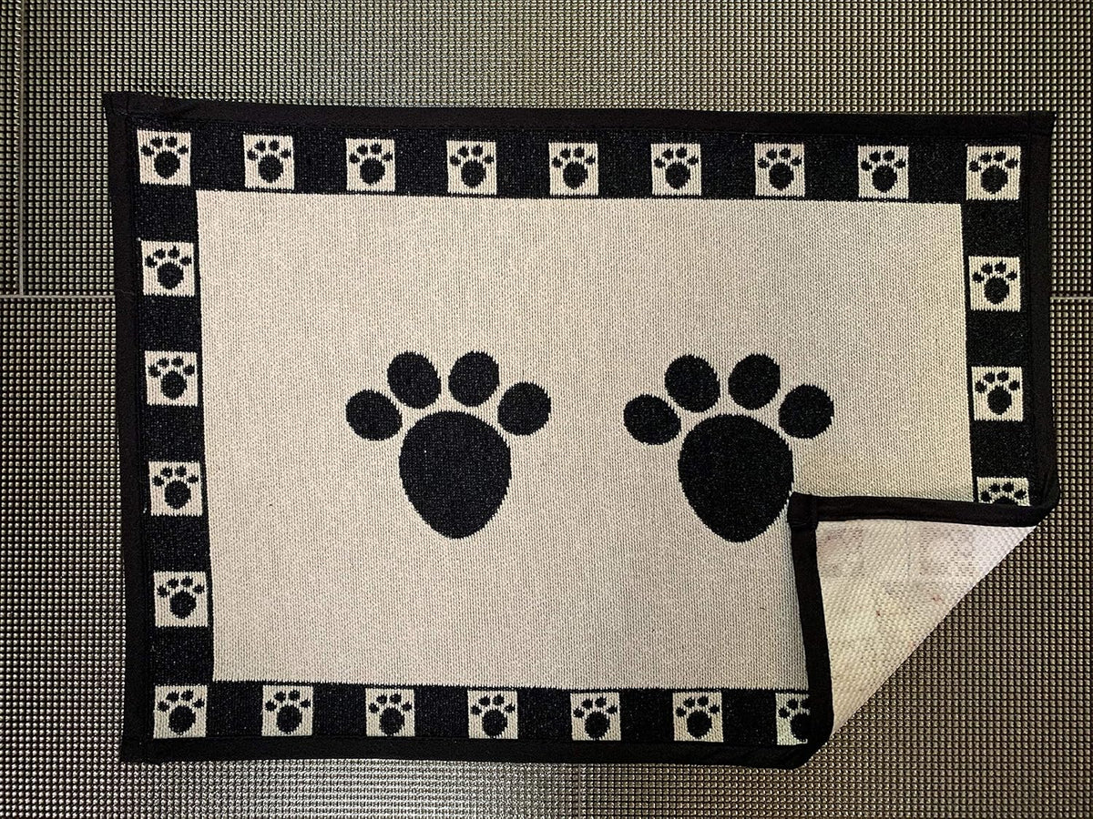 PetRageous 12049 Paws Jumbo Tapestry Dog and Cat Non-Skid Machine Washable Placemat for Pet Feeding Areas with Rubber Backing 18-Inch by 28-Inch for Dogs and Cats, Black and Natural (Pack of 2)